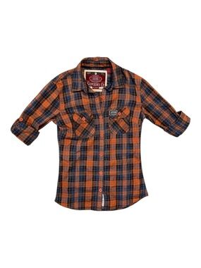 Superdry Co Womens Orange Blue Plaid Button Down Roll Tab Shirt Size Medium